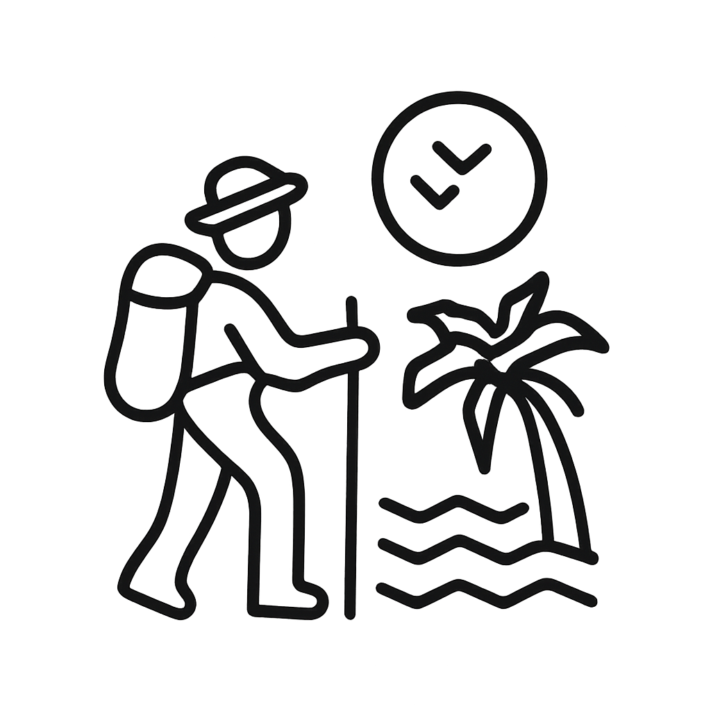 A hiker with a stick and a plant with a checkmark in the wind.